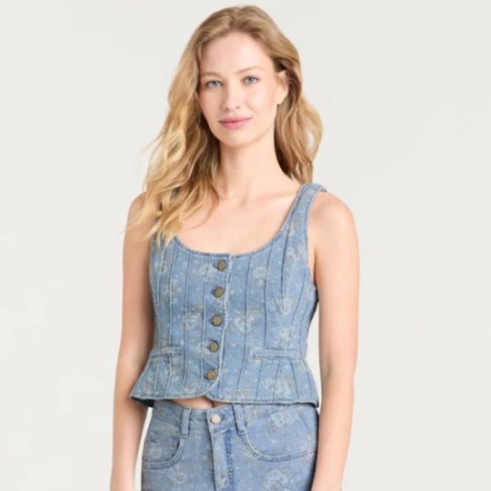 NWT [Cinq à Sept] Rowena Bouquet Floral Blue Denim Jean Button Vest Top Women’s